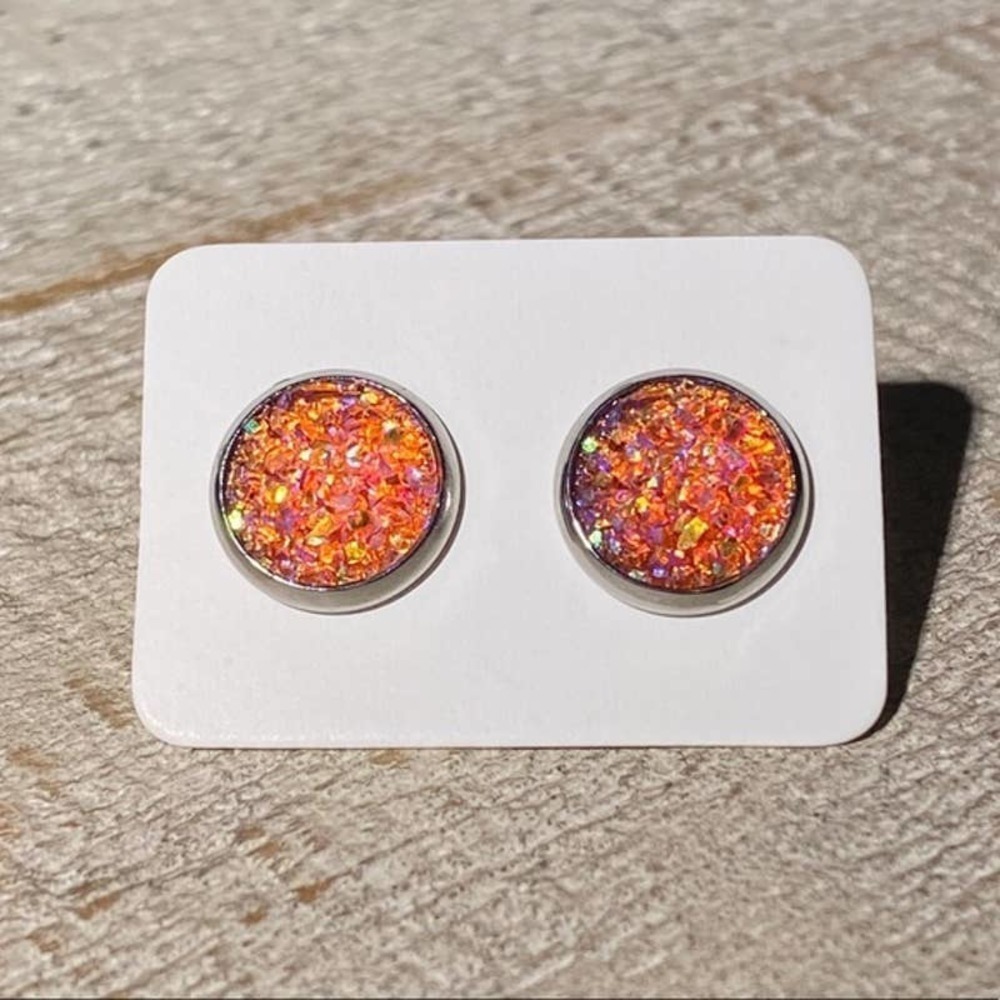 5/$25 Orange Druzy Silver Studs Earrings HOLIDAY EARRING SALE REDUCED SHIPPING!